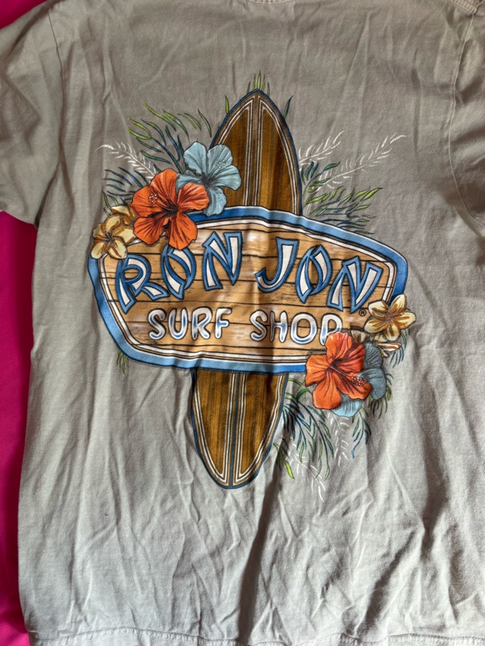 Ron Jon Light Green Tee with Orange, Blue & Green Surfboard Graphic